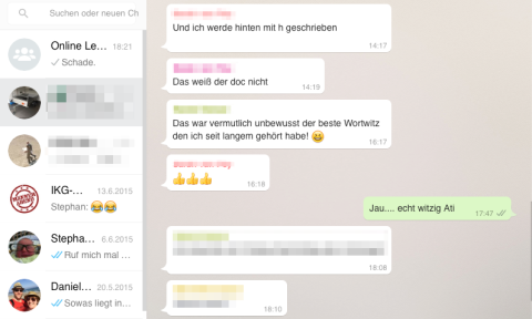 Screenshot aus der App, die einen WhatsApp Chat zeigt.