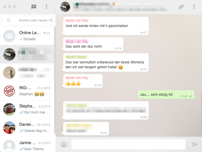 Screenshot aus der App, die einen WhatsApp Chat zeigt.