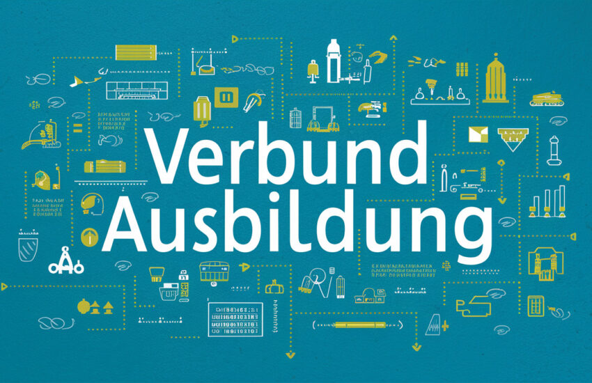 Das Bild zeigt die Wörter Verbund und Ausbildung auf einem grünen Hintergrund mit skizzierten Elementen.